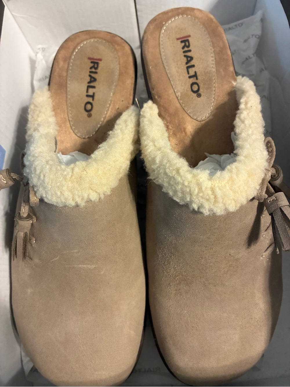 Rialto Taupe Suede Shearling-Lined Slip-On Clog